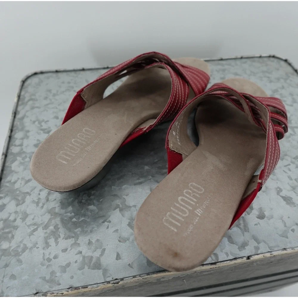 Munro American Red Leather Crisscross Strappy Slide Sandals‎ Wedge M467031 8M